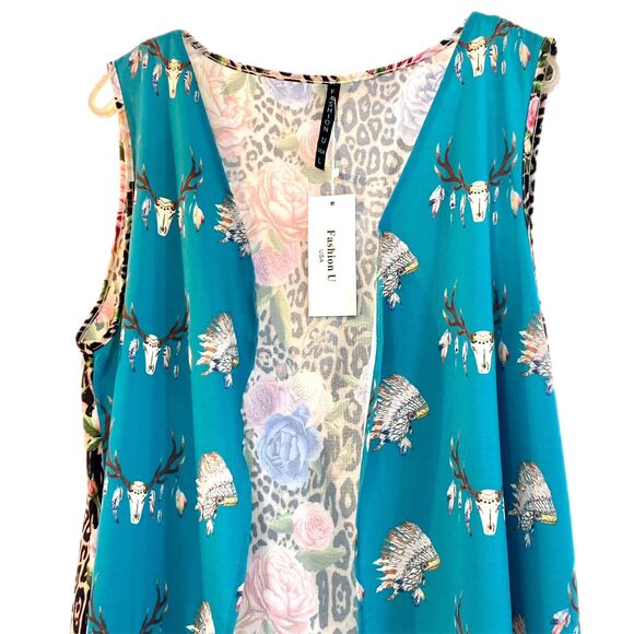 Open Front Sleeveless Duster Cardigan L Asymmetrical Leopard Floral Boho Western - Picture 3 of 13